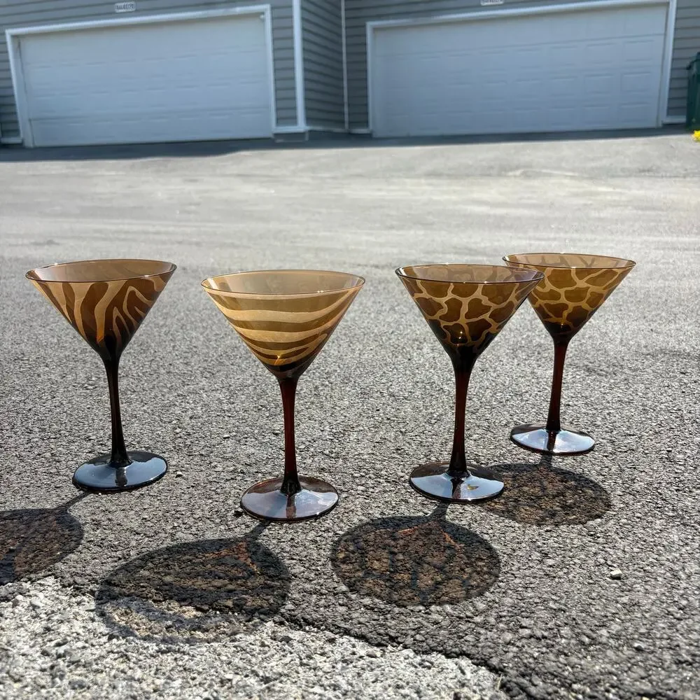 1990’s Blown Glass Brown Tortoise and Zebra Matte Vintage Martini Glasses